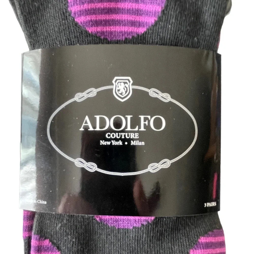 Men's ADOLFO Couture Dress Socks Black and Purple Dots Stripes 3-Pair Size 10-13